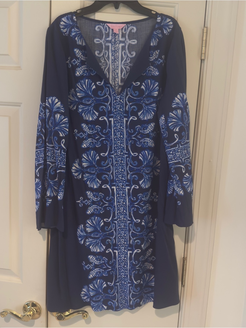 Lilly Pulitzer Navy Blue Floral Print V-Neck Women’s Tunic Dress size M GUC